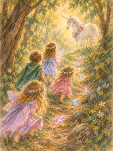 Young children following sparkling gems through the woods to find a unicorn during a private kids horse experience in Pinellas County, Florida.