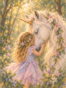 Little child gently meeting a white unicorn during a private children’s unicorn experience near St. Petersburg, Florida.
