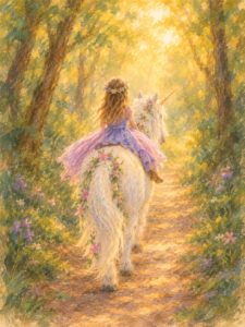 Young child riding a decorated white unicorn along a wooded trail during a children’s unicorn ride near St. Petersburg, Florida.