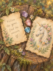 Sparkling unicorn gems and woodland clue for a children’s unicorn adventure near St. Petersburg, Florida.